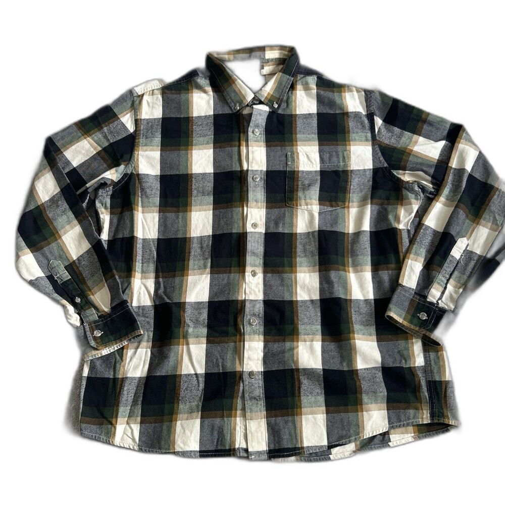 Eddie Bauer Plaid Flannel Shirt Mens XL Button Down Navy Green Green Relaxed Fit